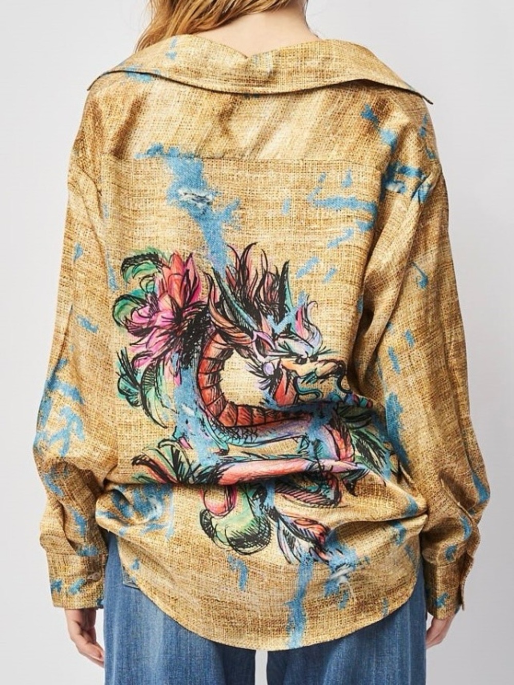 Brand Unique Camica Stampa Drago Gold Silk Blend Dragon Graphic Shirt. L/Xl